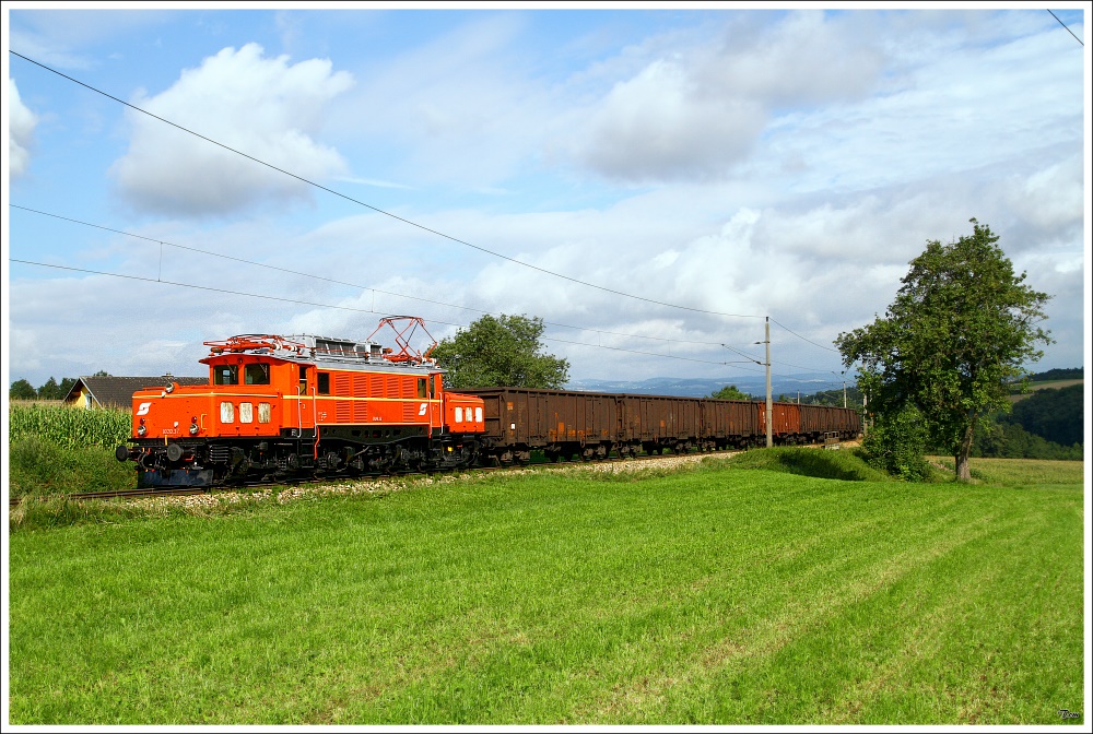 1020 037 fährt mit dem  Planstrom  Sdz 95696 (Plan 47542) auf der Summerauerbahn von Linz-Stahlwerke nach Summerau. 
Doberhagen 9.8.2010