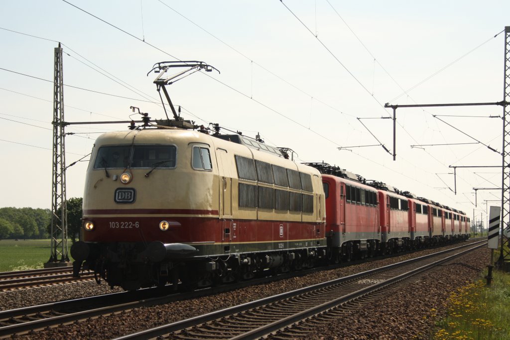 103 222 berfhrte am 29.05.2010 als Tfzl 69569 mit 8x die Bauhreihe 140 mit dabei waren folgende Loks 140 809, 140 337, 140 768, 140 117, 139 163, 140 551, 140 547 und 140 712. Aufgenommen in Dedensen Gmmer am Sportplatz.