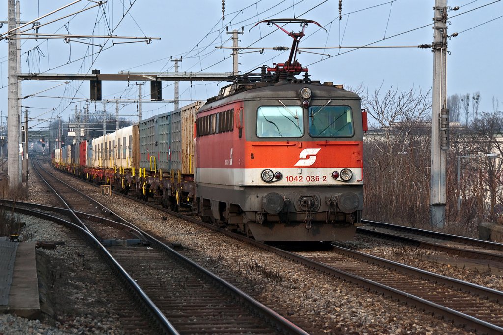 1042 036 ist mit einem Gterzug zwischen Wien Erdberger Lnde und Wien Haidestrasse unterwegs. Die Aufnahme entstand am Nachmittag des 23.02.2011.