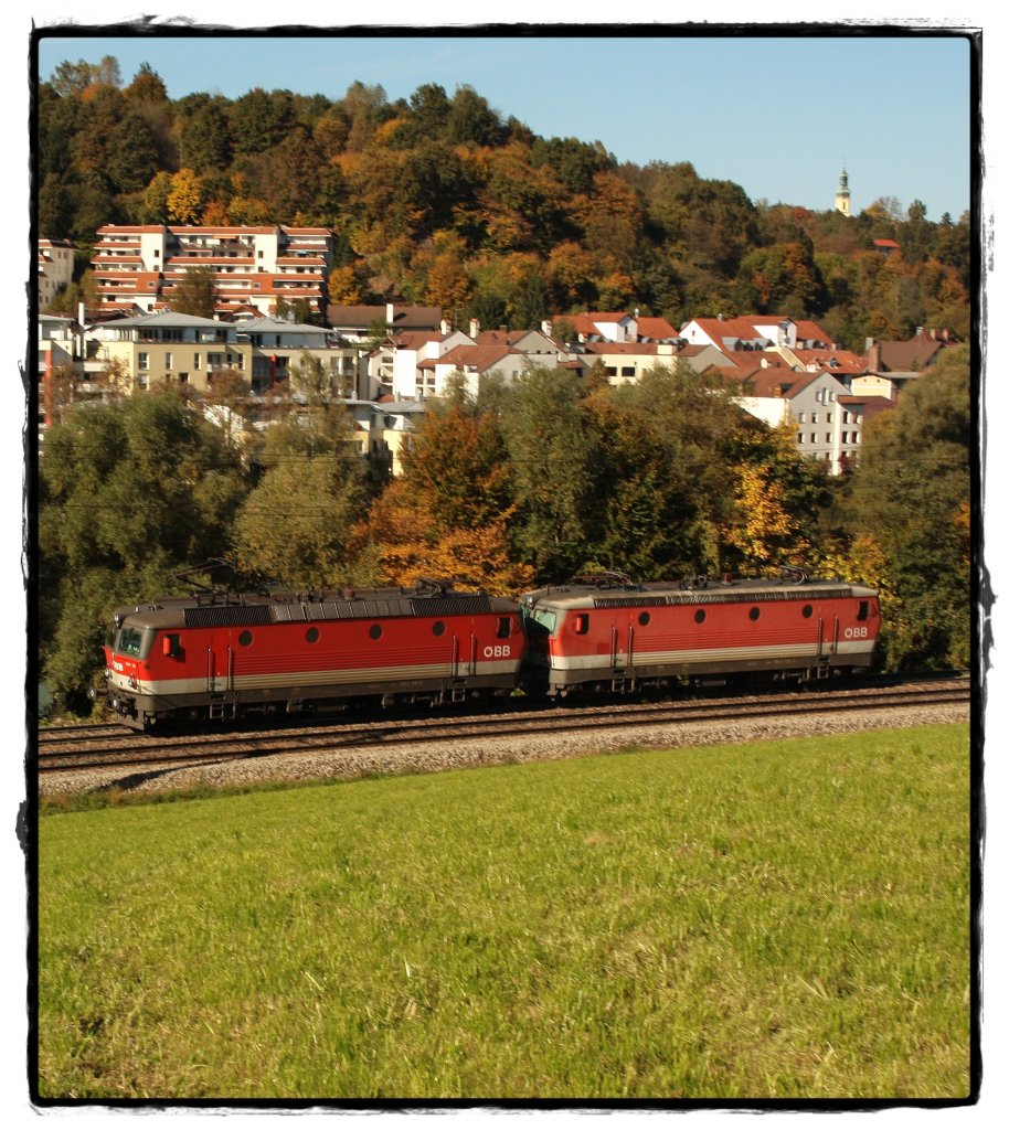 1044 118 vorne und 1044 035 als LZ gen Linz am 09.10.2010 auf der sterreichischen Seite Passaus. 