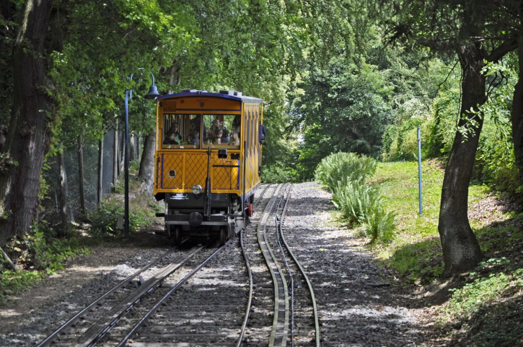 11.06.11 , Wiesbaden , Nerobergbahn ; in der Kreuzungsstelle werden ausn dem Drei-Schienen-Gleis zwei Zwei-Schienen-Gleise