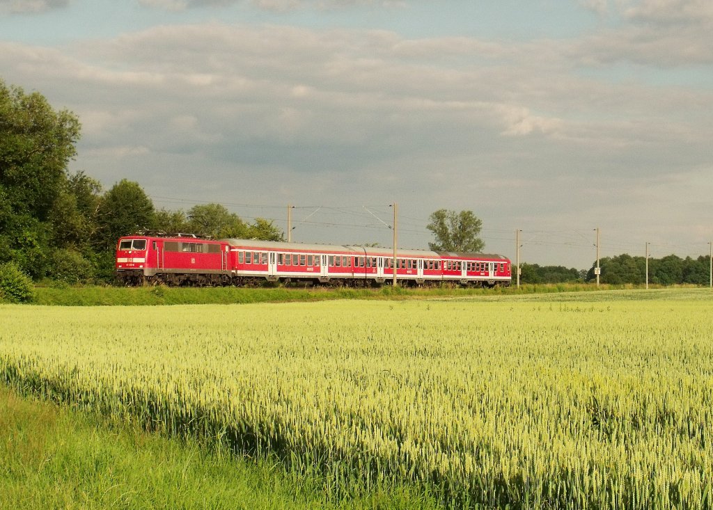 111 123 mit einer Regionalbahn aus Landshut nach Regensburg. Hier zu sehen in Kfering. (23.06.2010)