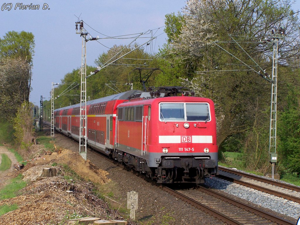 111 147-5 am 27.04.2010 mit ihrem RE4  Wupper-Express  (10426) am Hacken, hier zwischen Erkelenz und H�ckelhoven-Baal beim Km 42.3.