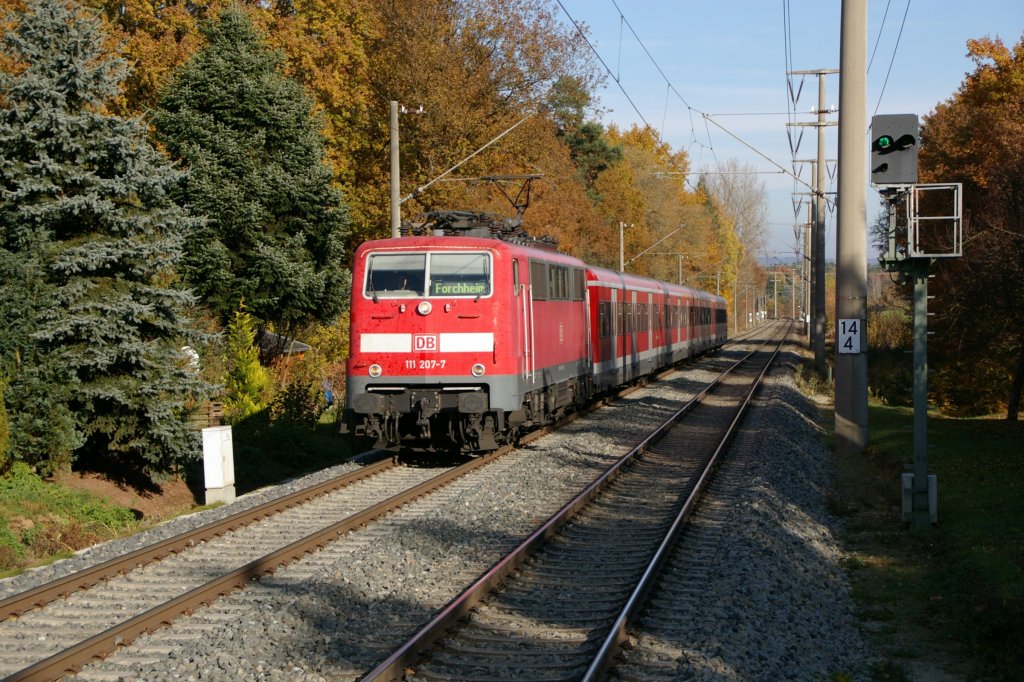 111 207 mit S-Bahn nach Forchheim am 03.11.2011 in R�thenbach-Seespitze.