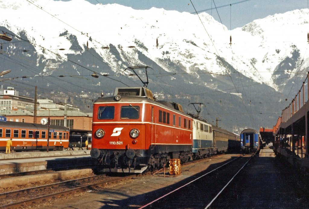 1110.521+DB 111  Ex-281  Innsbruck Hbf.  6.2.86  (Scan)