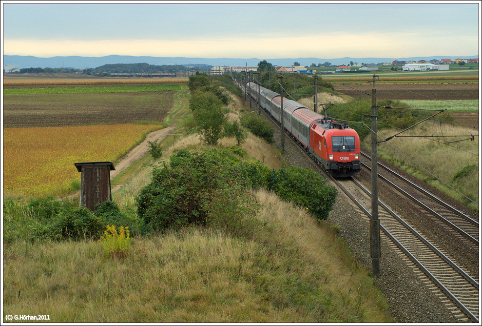 1116 014 bringt den D 346  Dacia  von Bucuresti nach Wien-Westbahnhof bei Gramatneusiedl am 16.9.2011 Richtung Wien. Dieser Zug soll zum Fahrplanwechsel ab Budapest mit einem Railjet gefhrt werden.