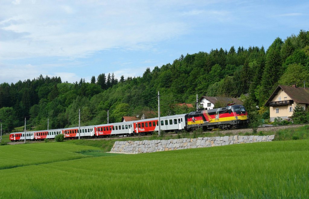 1116 036  EM-Deutschland  mit einem REX nach Linz Hbf am 11.05.2009 unterwegs bei Wernstein am Inn.