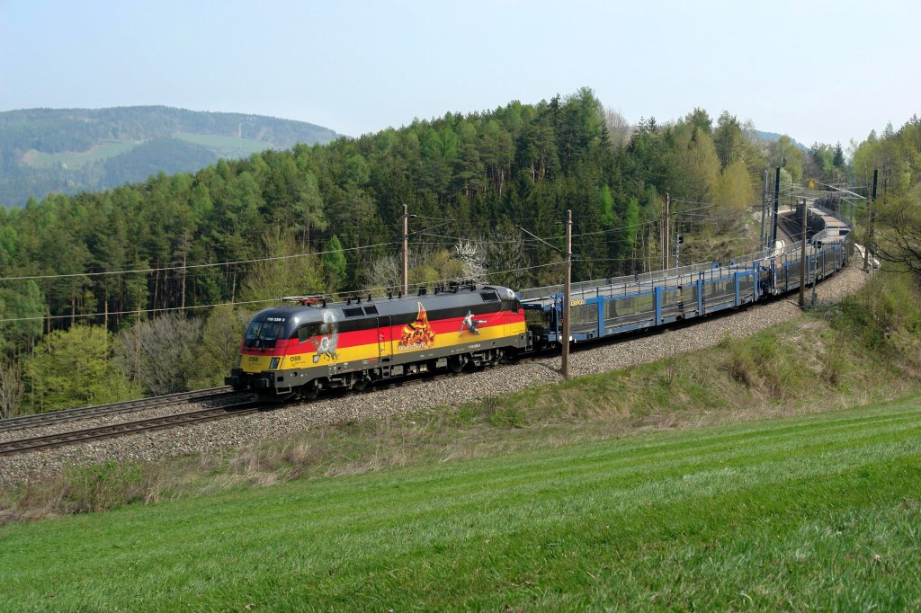 1116 036  EM-Deutschland  mit einem Autozug am 16.04.2009 unterwegs bei Eichberg.