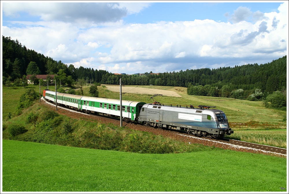 1116 038 Siemens und 1116 239 fahren mit dem REX 1935  F.A.Gerstner  von Ceske nach Linz. 
Summerau 9.8.2010