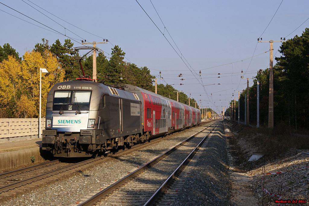1116 038  Siemens  schiebt R2342 von Payerbach-Reichenau nach Bernhardsthal. St.Egyden, 11.11.2011