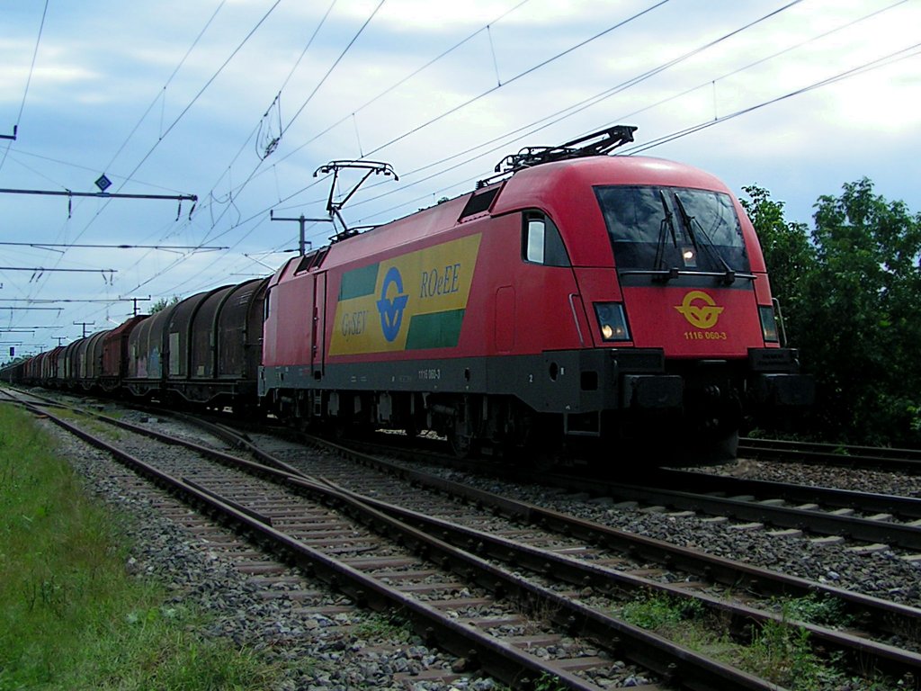 1116 060-3 der ROeEE-GySEV zieht bei Bruck/L.um die Mittagszeit einen Gterzug Richtung Wien;100809
