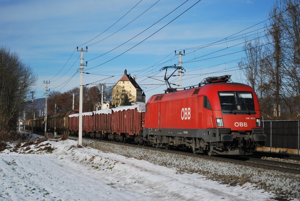 1116 102 mit G�terzug Richtung S�den bei Salzburg/Elsbethen am 7.10.2010. 