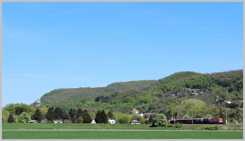 1116 120 mit einem Gterzug Richtung Westen bei der Einfahrt ins Tullnerfeld nchst Altenberg. 26.4.12