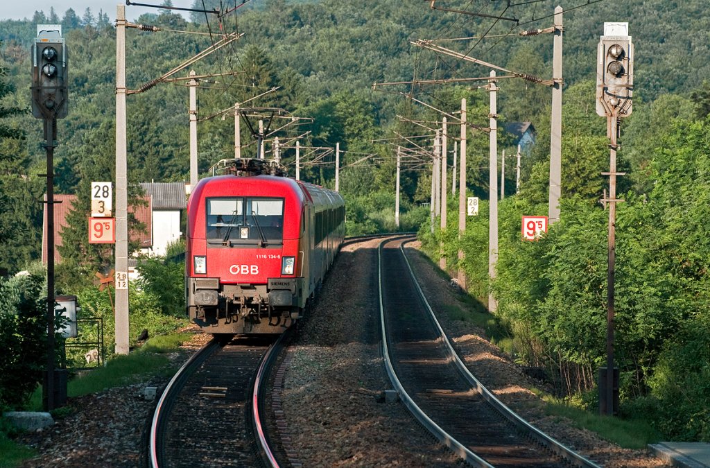 1116 134 ist mit OIC 940 nach Salzburg unterwegs. Eichgraben-Altlengbach, am 20.07.2010.