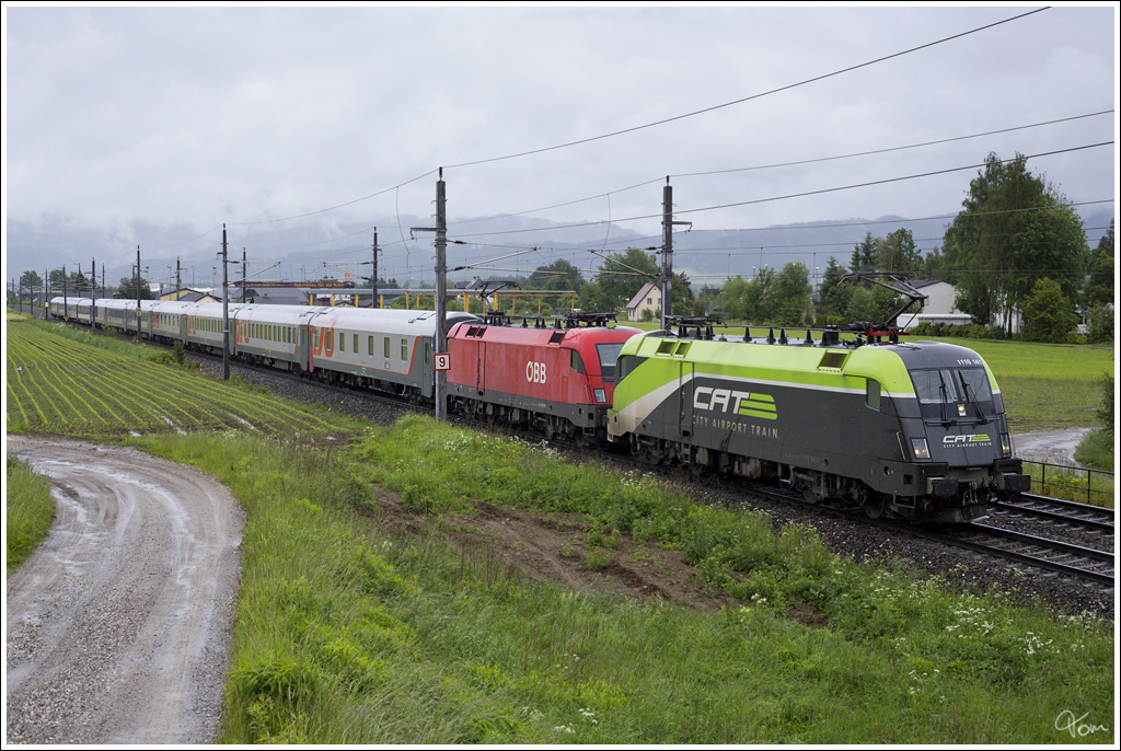 1116 141 CAT & 1116 171 ziehen den Russenzug 13017 (Moskau - Nizza) durch das veregnete Murtal. 
Zeltweg 31.8.2013