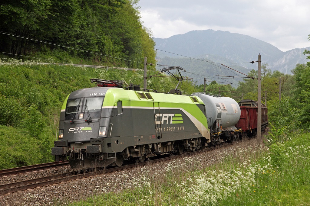 1116 141 zieht am 16.05.2013 den Gterzug 55072 zwischen Pernegg und Bruck/Mur Richtung Norden.