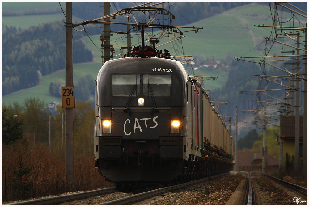 1116 153 CATS + 1016 003 ziehen den Tauernumleiter 41841 von Salzburg ber Selzthal, St Michael nach Tarvis. 
Zeltweg 20.4.2012