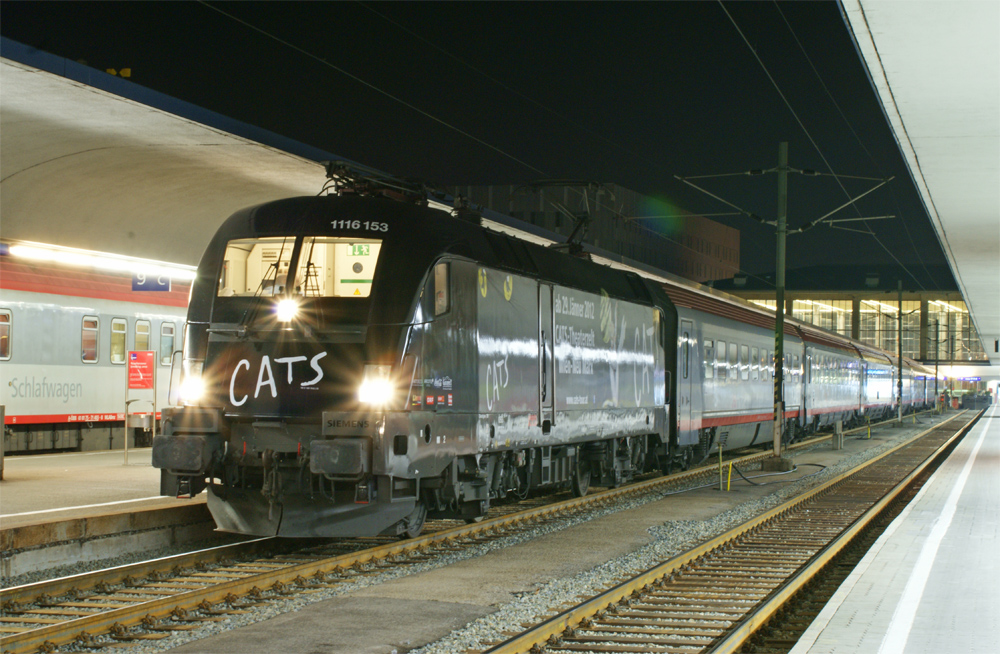 1116 153  CATs  bespannte am 22.10.2011 den OIC 746  Licht fr die Welt  von Wien Westbahnhof nach Salzburg. Hier kurz vor der Abfahrt in Wien!