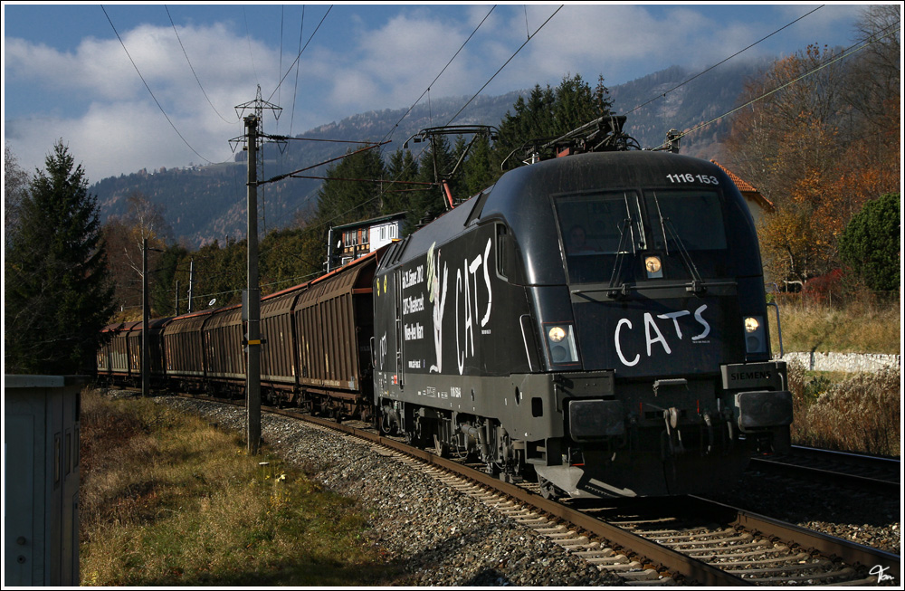 1116 153  CATS  fhrt mit GAG 46778 von Tarvisio Boscoverde nach Breclav pred.
St.Georgen 12.11.2011