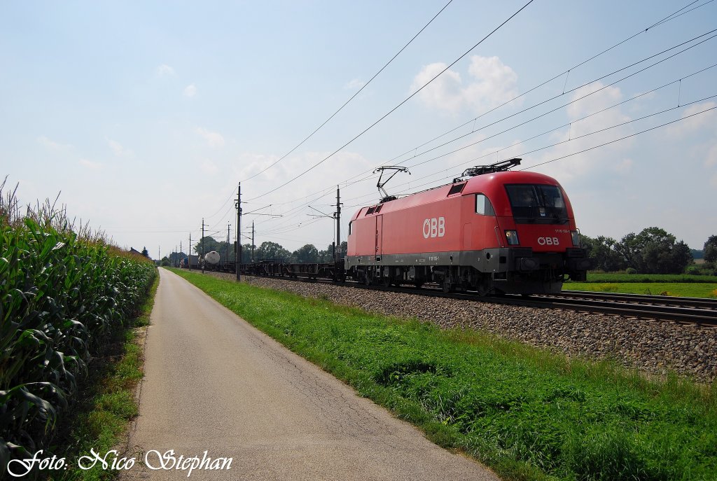 1116 155-1 mit einem fast leeren Containerzug,auf dem Weg nach Linz,Pasching (sterreichurlaub 18.08.09)