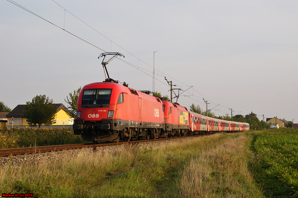 1116 192 und GySEV 1116 065 mit REX2831 (Wien Meidling - Deutschkreutz), kurz vor der Einfahrt in den Zugendbahnhof, 03.09.2012 