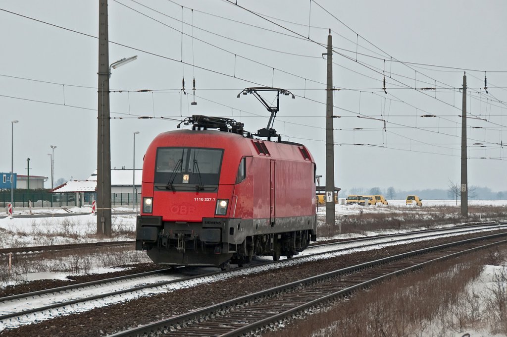 1116 237 (Ex-) ITL  am 14.02.2010 unterwegs als Lokzug kurz vor Gramatneusiedl.