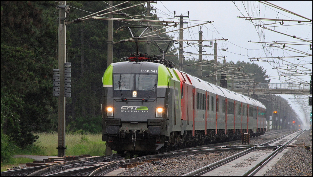 1116.141 durchfhrt mit dem Russenzug 13017 am 31.05.13 die verregnete Neunkirchner-Allee, und erreicht soeben Neunkirchen/N.