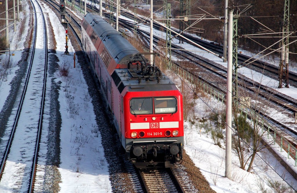 114 301 zieht am 31.01.10 eine RB nach Leipzig, hier bei Holzweissig. 