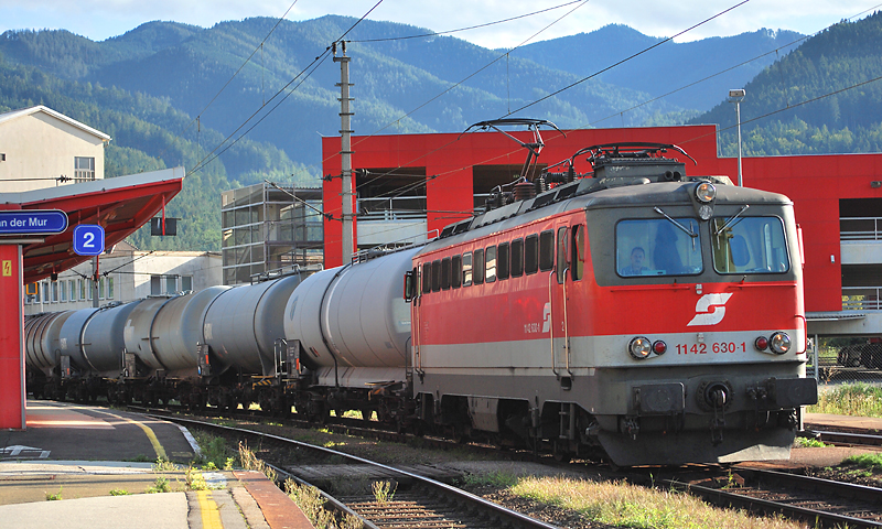 1142 630 samt Gterzug bei der Durchfahrt in Bruck/Mur Richtung Semmering. (2.9.2010)