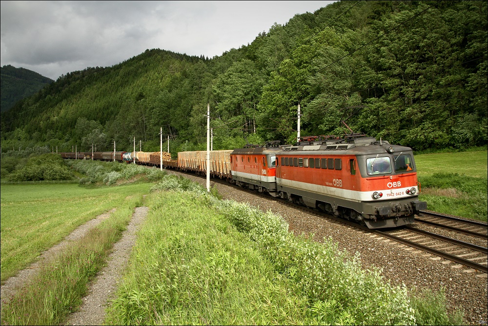 1142 642 & 1144 075 fahren mit einem gemischten Gterzug in Richtung St.Michael.
Niklasdorf 1.6.2010
