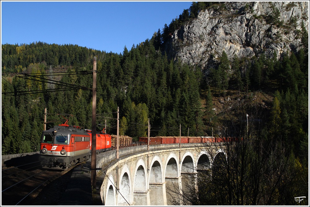 1142 705 + 1116 fahren mit einem Holzzug ber die Kalte Rinne nahe Breitenstein. 
22.10.2010