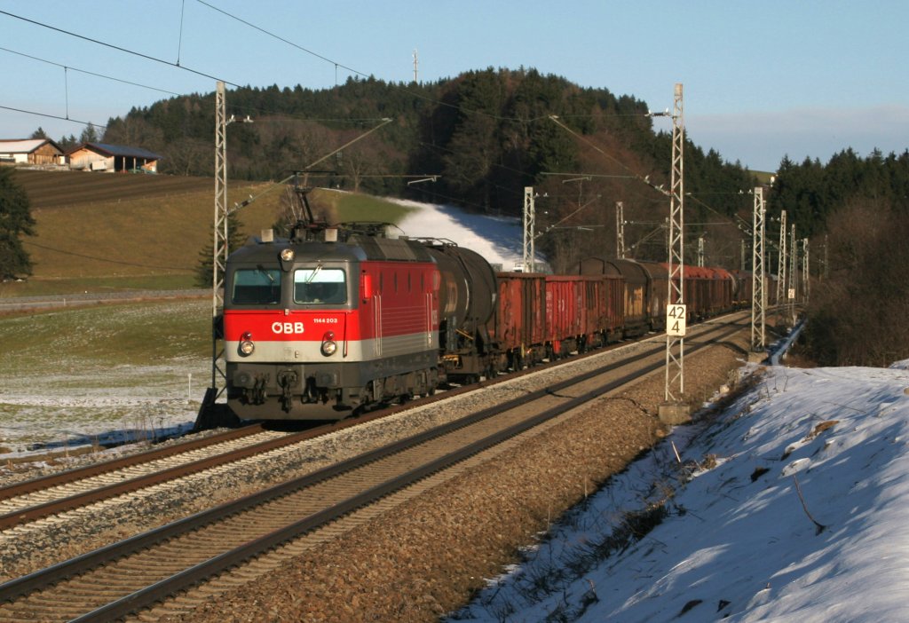1144 203 mit G�terwaggons Richtung Rosenheim bei �bersee am 24.02.2011