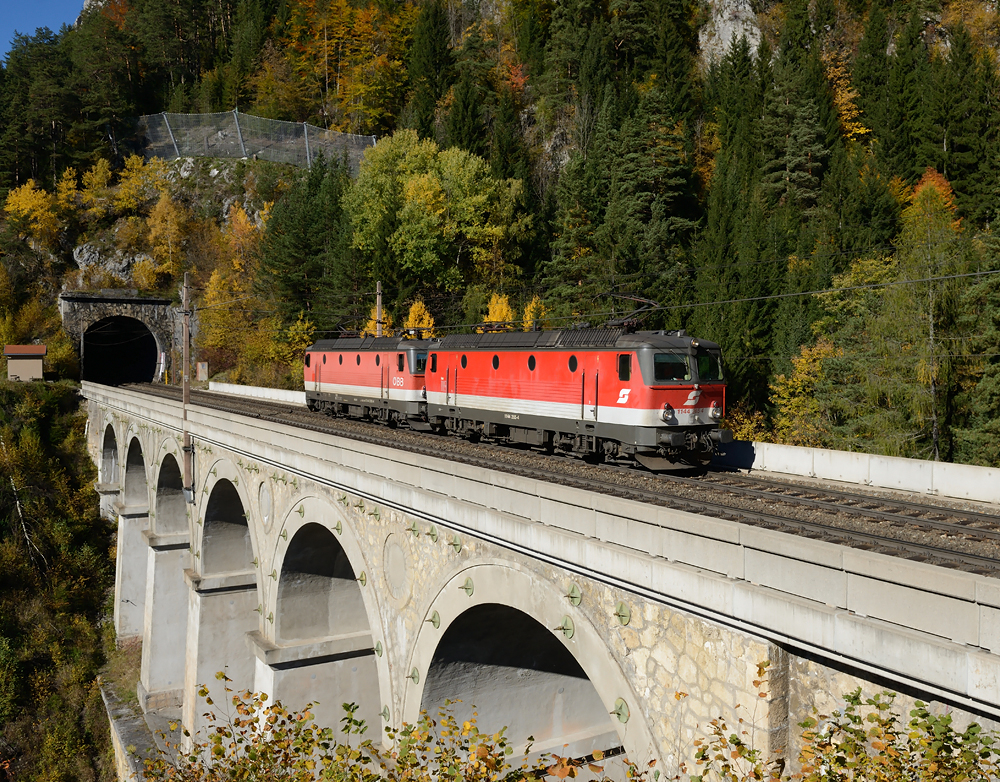 1144 265 und 1144 290 waren am Vormittag des 21.10. als Lokzug in Richtung Gloggnitz unterwegs, und wurden von mir whrend der berquerung des 36 Meter hohen und 87 Meter langen Krausel-Klausen-Viadukt bildlich festgehalten.