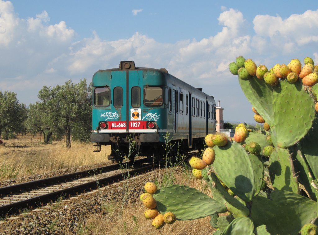 11.8.2012 16:55 FS ALn 668 1027 als Regionalzug (R) aus Reggio di Calabria Centrale nach Catanzaro Lido kurz nach dem Bahnhof Squillace.