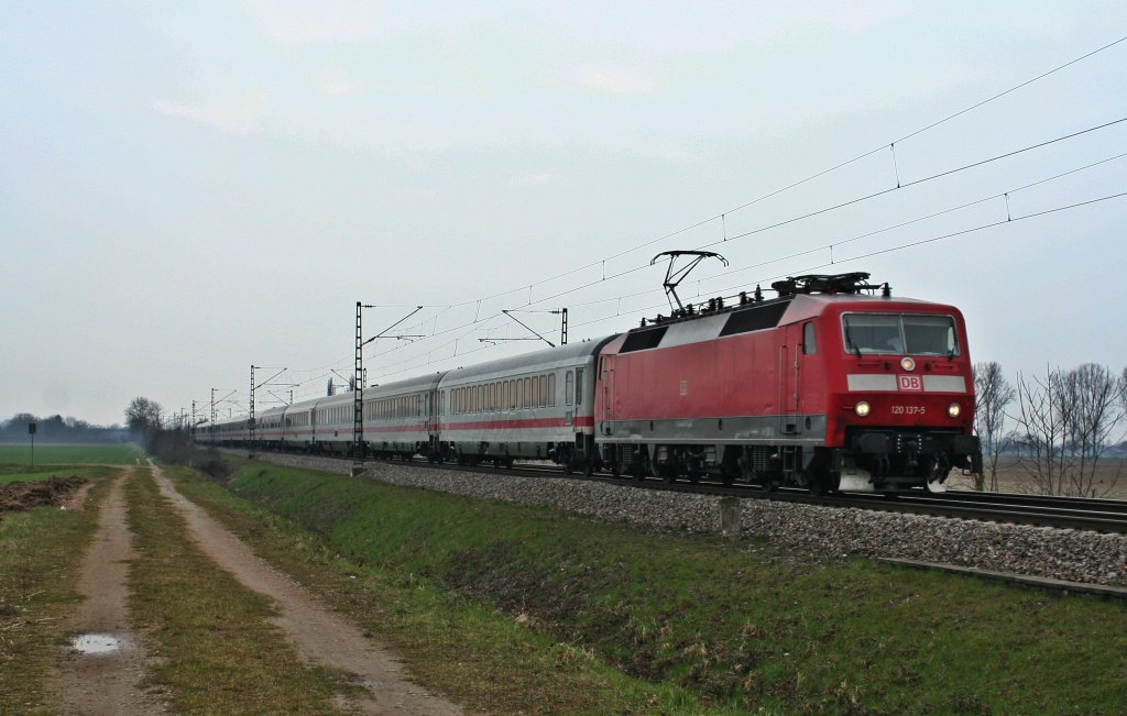 120 137-5 zusammen mit 120 123-5 am Zugschluss und zwlf IC-Wagen am 27.03.13 als IC 2900 bei Hgelheim.
Diese Komposition habe ich seit gut einem halben Jahrzehnt nicht bei uns auf der Rheintalbahn gesehen.