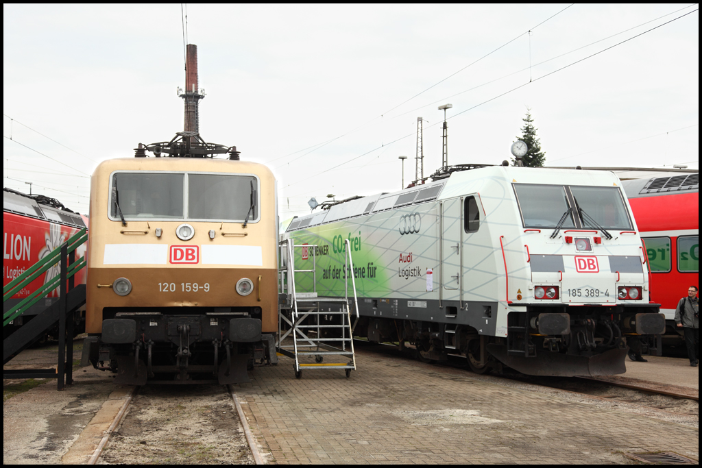 120 159 (9180 6152 159-9 D-DB) und 185 389 (9180 6185 389-4 D-DB)  Co2 frei auf der Schiene  sind ebenfalls in Osnabrck ausgesetllt. (19.09.2010)