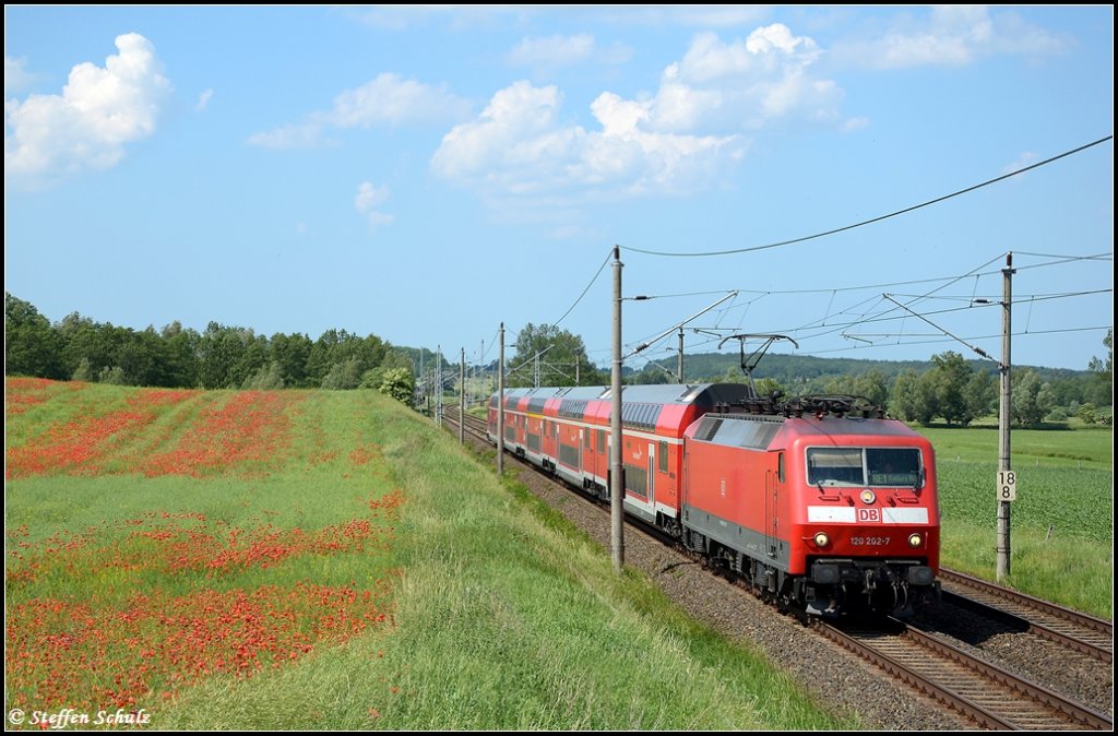 120 202 mit RE1 aus Rostock nach Hamburg am 06.06.2011 zwischen dem Hp Huckstorf und Schwaan in Benitz.