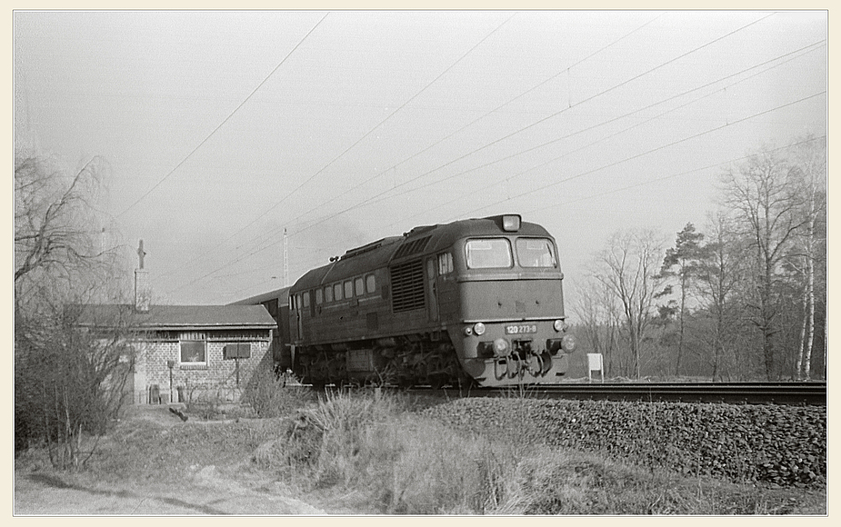 120 273 mit Gterzug auf der Strecke Berlin-Dresden am Schrankenposten 63 in Rckersdorf. Aufnahme etwa 1981 