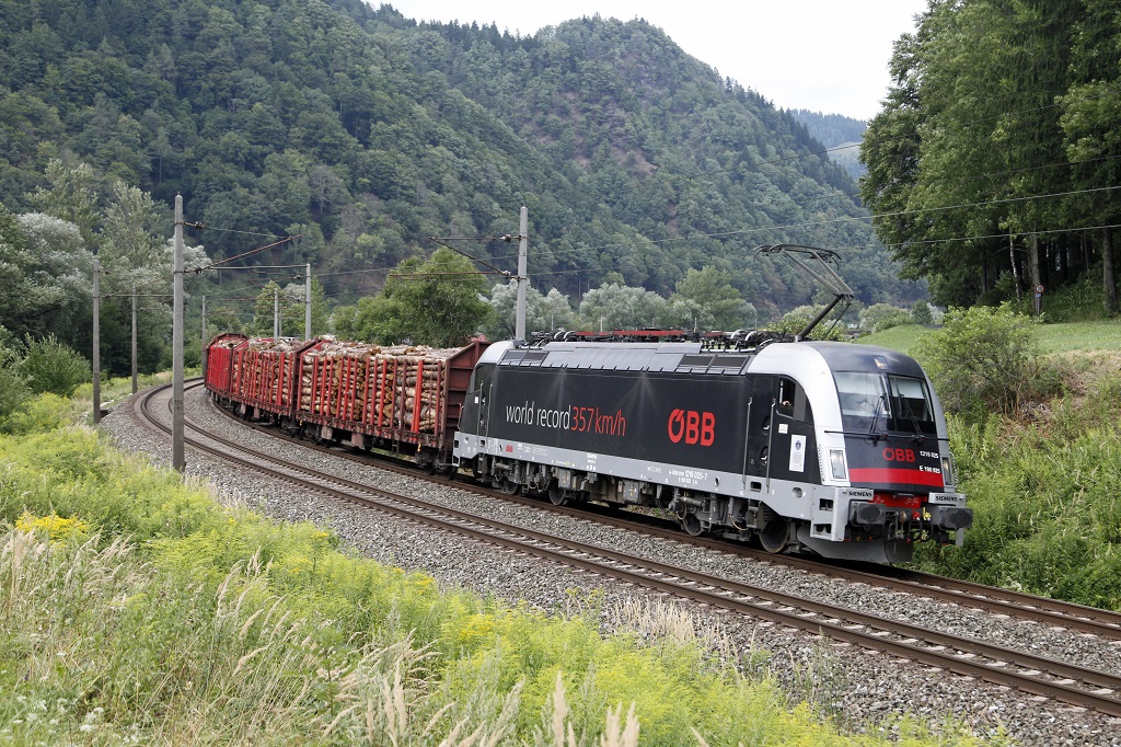 1216 025 mit Gterzug nahe Pernegg am 12.08.2013.