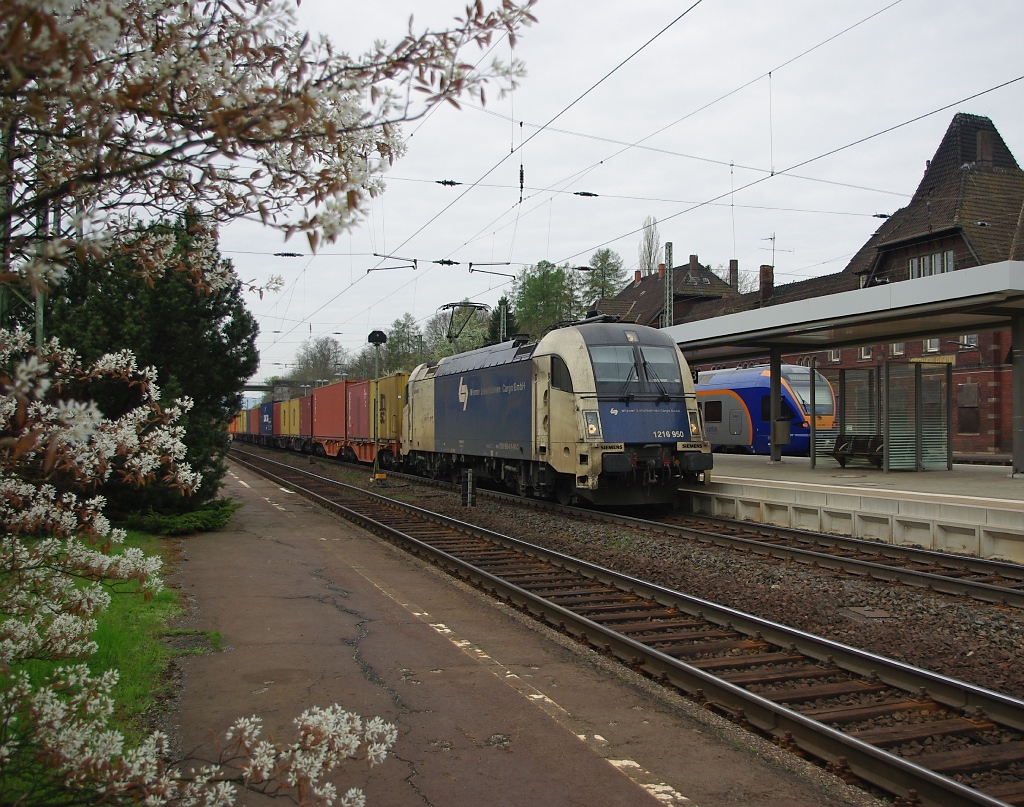 1216 950-6 zieht ihren Containerzug in Richtung Norden durch das frhlingshafte Eichenberg. Am Zugschluss war wieder MY 1151. Aufgenommen am 16.04.2011.