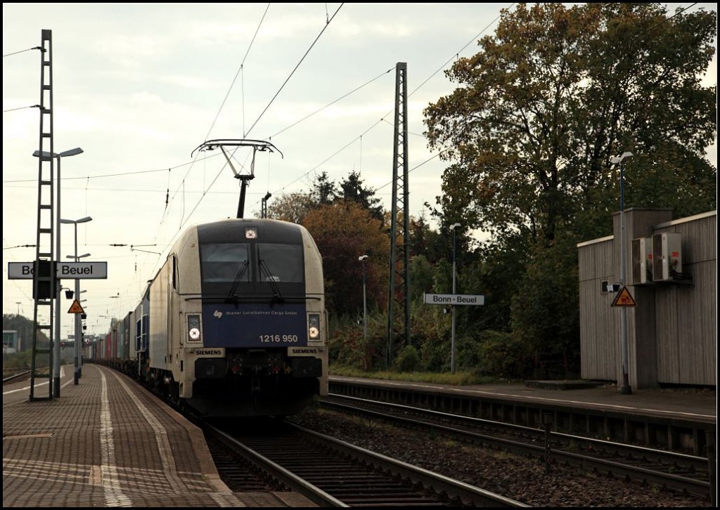 1216 950 der WIENER LOKALBAHN CARGO GmbH schleppt einen Containerzug ber die Rheinstrecke durch Bonn-Beuel. (24.10.2009)