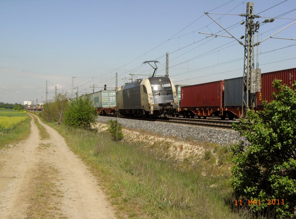 1216 950 der WLB mit einen KLV-Zug in Richtung Sden hinter Iphofen am 10.05.2011