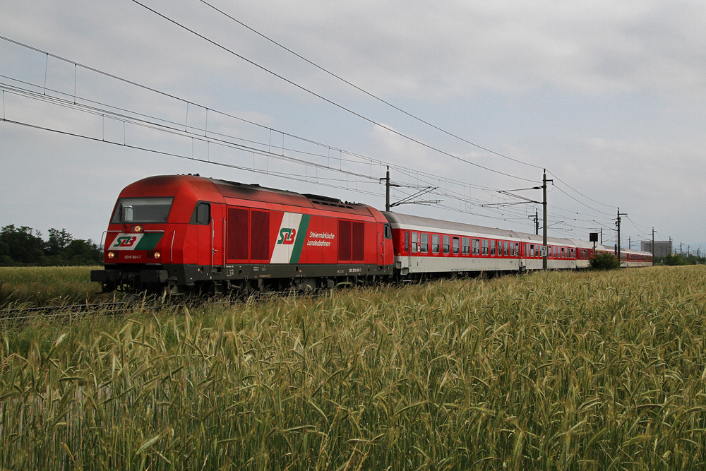 13.6.10 Ein Bett im Kornfeld... Oder doch ein Zug?! Auf jeden Fall verkehrte an diesem Tag unter der Zugnummer D 19625 und D 19626 ein Sonderzug von Hollabrunn nach Gutenstein und zurck. Der Wagensatz wurde aus der Slowakei zugefhrt, traktioniert wurde dieser Zug von einer STlB 2016. Hier fhrt die 2016 901 mit dem D 19626 von Gutenstein nach Hollabrunn, aufgenommen bei Theresienfeld.