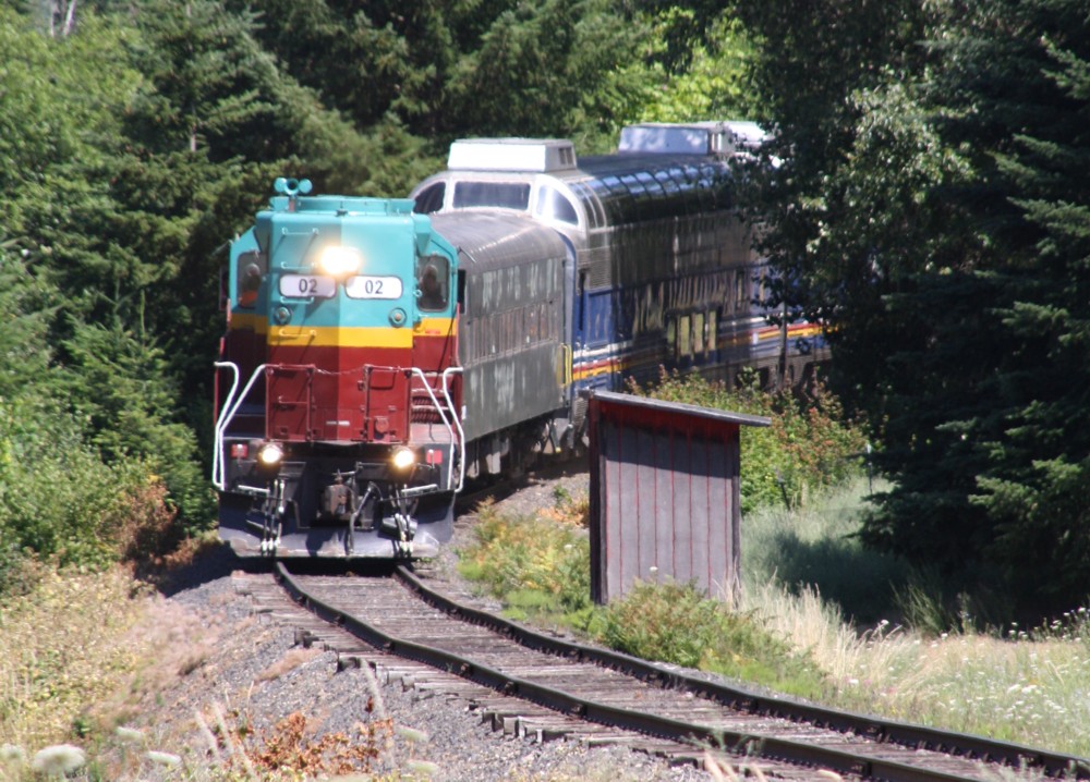 13.7.2012 Zwischen Mt. Hood River und Parkdale, OR. #0202 der Mt. Hood Railroad bei Dee, OR. Die beiden Domcars stammen von der Holland - America - Line (zumindest war ein derartiger Schriftzug erkennbar) und stammen aus den 60ern. Die kleine Bahngesellschaft betreibt auch Gterverkehr.