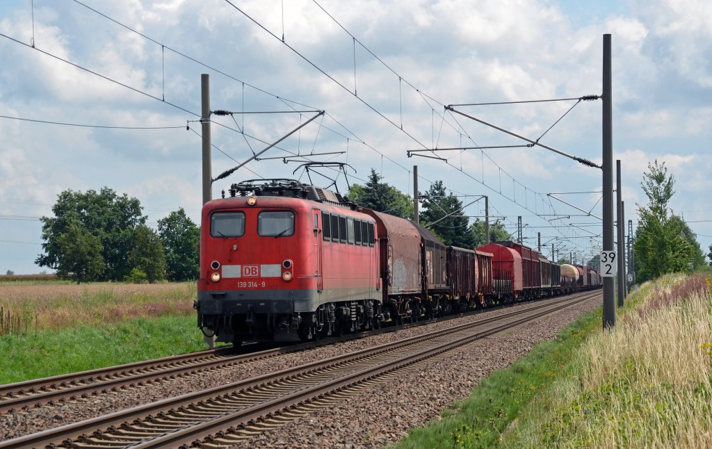 139 314 fuhr am 11.07.12 mit einem gemischten Gterzug durch Radegast Richtung Leipzig.