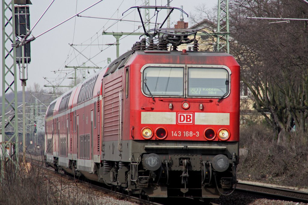 143 168-3 mit der RB 27 nach Koblenz,kurz nach der Abfahrt in Bonn-Oberkassel.