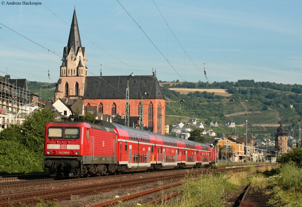 143 194-9 und 280-6 mit dem RE 4360 (Frankfurt(Main)Hbf-Koblenz Hbf) in Oberwesel 20.7.10