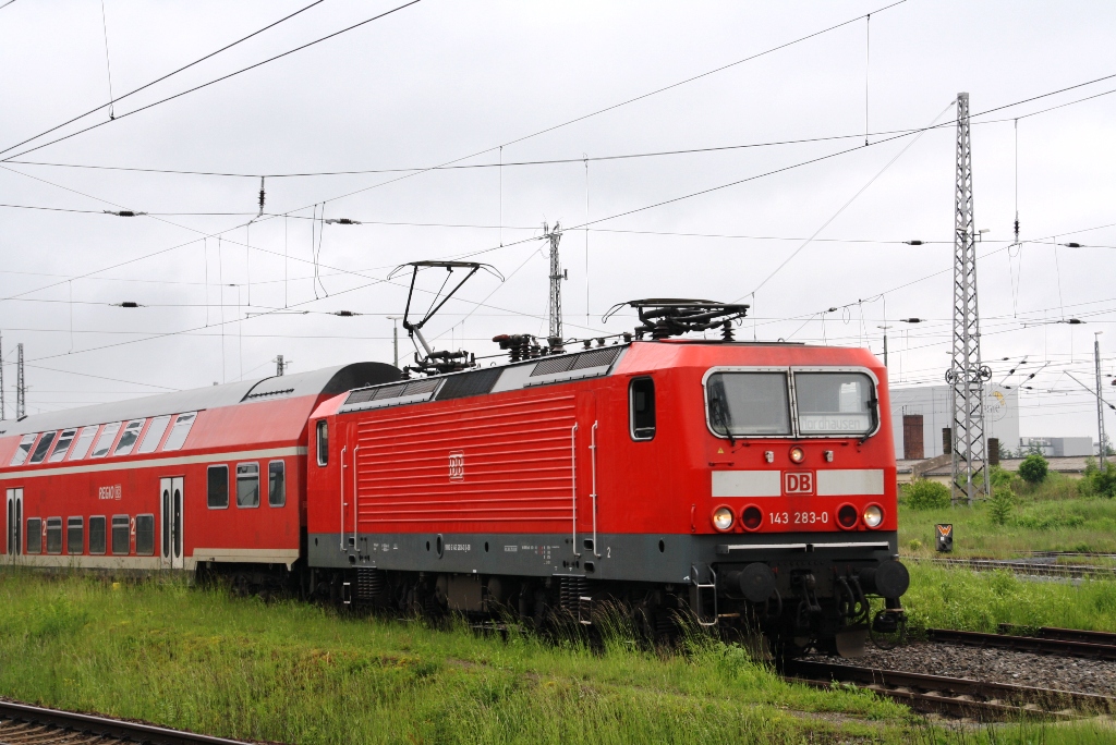 143 283-0 RB 16434 Nordhausen - Leinefelde.Am 1.juni 2013 hatte der Fahrzeugfhrer wohl vergessen den Fahrzielanzeiger fr die Rckfahrt umzustellen.