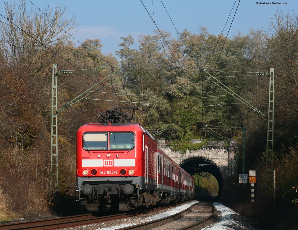 143 655-9 mit dem RE 4939 (Wrzburg Hbf-Stuttgart Hbf) bei Wittighausen 31.10.10. Das Foto entstand mit Tele und von legalem Standort