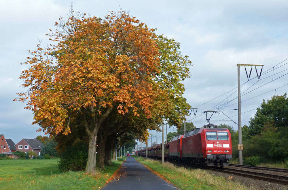 145 057-6 fuhr am 13.10.2012 mit einer 152 im Schlepp und einem Autozug von Emden nach Osnabr�ck, hier in Leer.